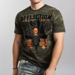 Affliction Art of War Green Camouflage T-Shirt With Orange Skull, Men’s Size 2XL